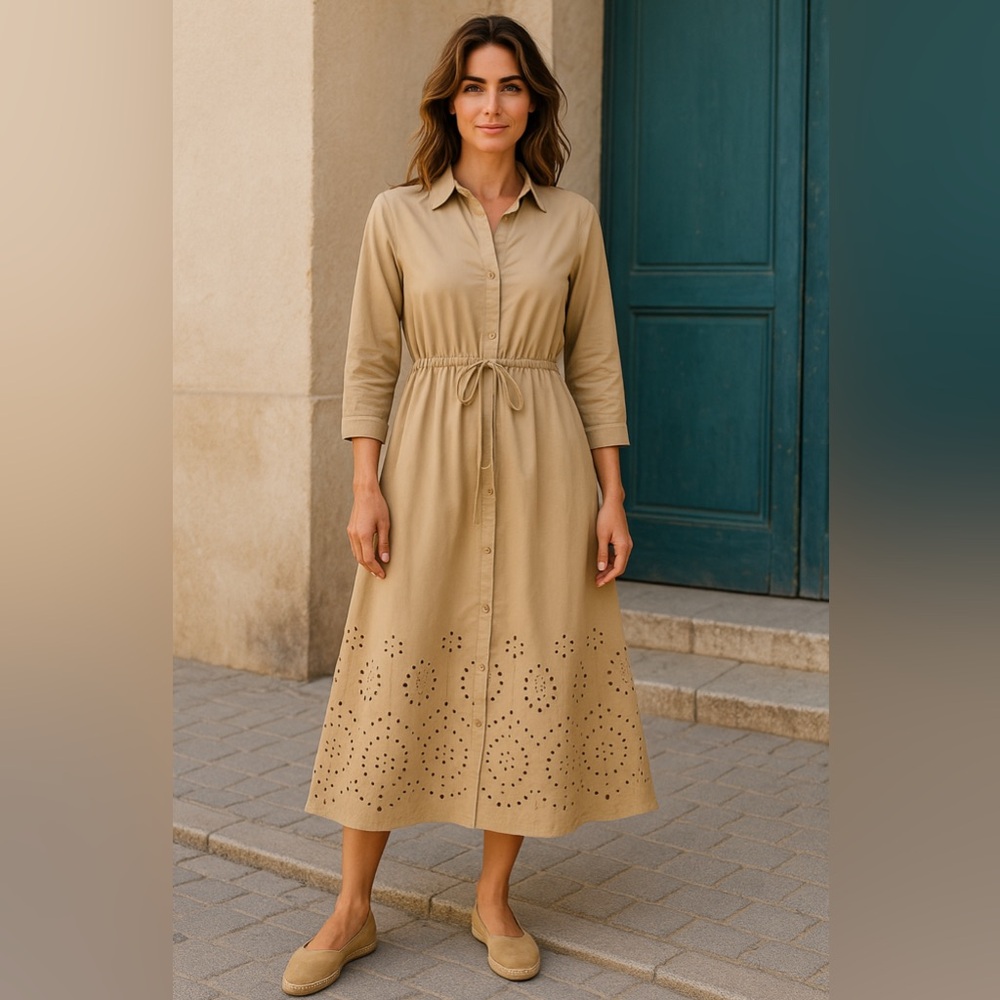 Sweet Magnolia Tan Long Sleeve Cotton Shirt Dress Cutout Hem On Bottom Sz L NWT - Picture 9 of 9